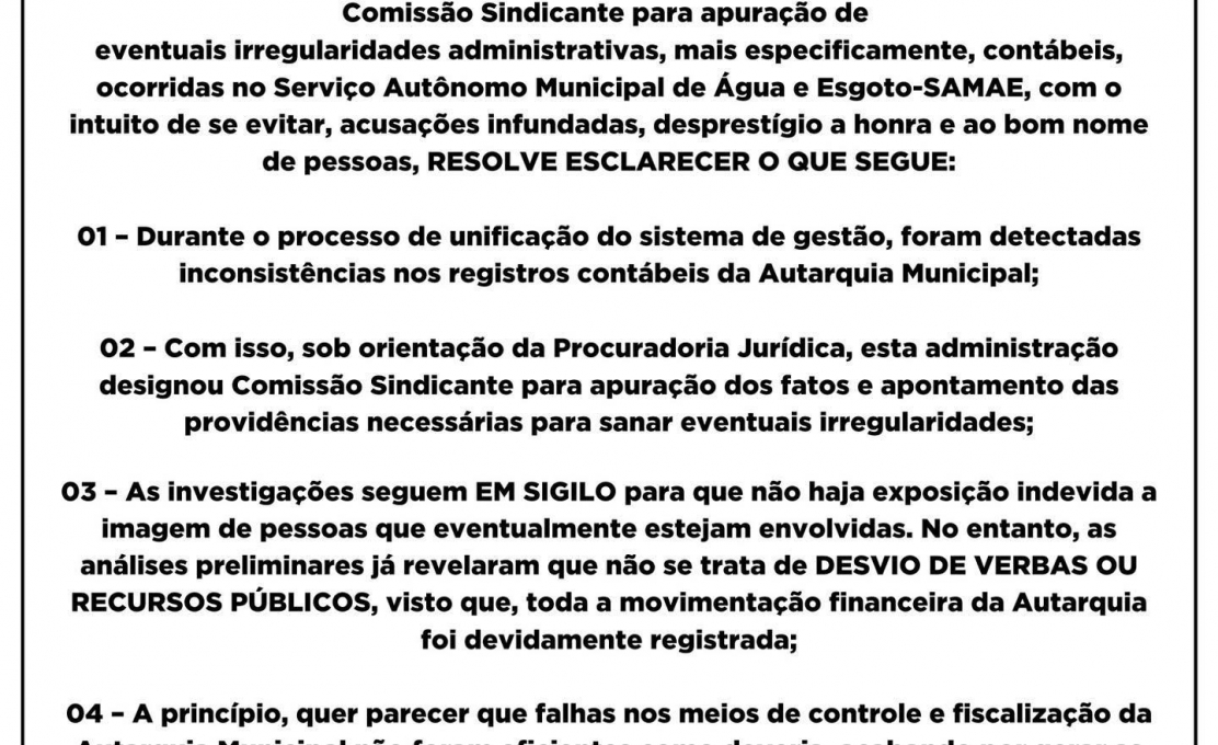 Nota Oficial de esclarecimento sobre SAMAE