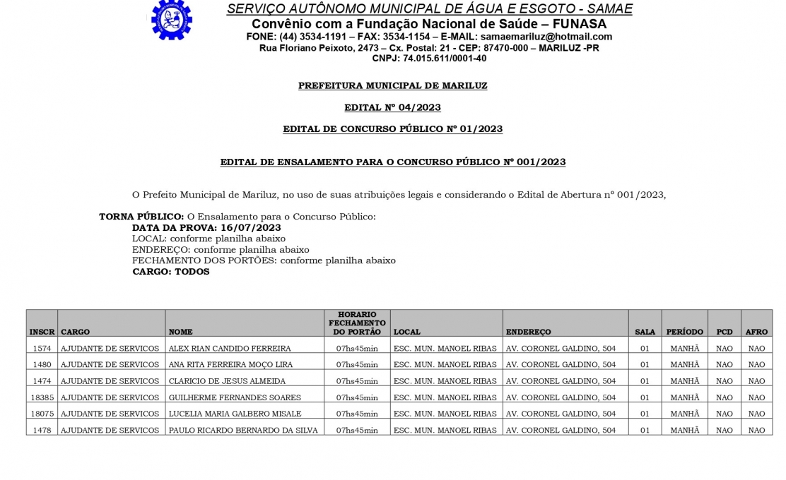 Edital de Ensalamento para o Concurso Público do SAMAE 