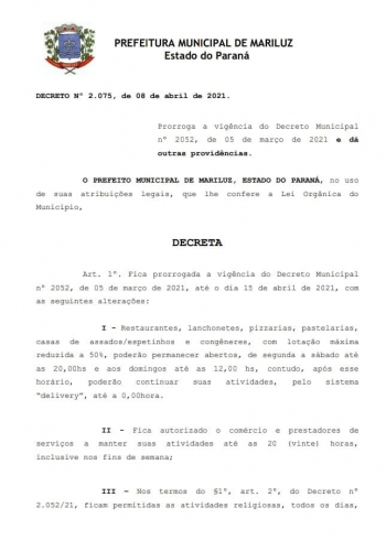 Prefeitura Municipal de Mariluz Prorroga  Decreto Municipal nº 2052, de 05 de março de 2021