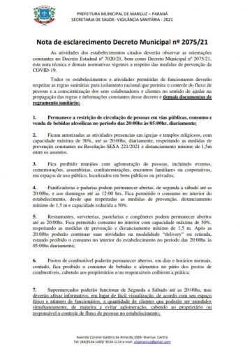 Nota de esclarecimento referente ao Decreto Municipal nº 2075/21