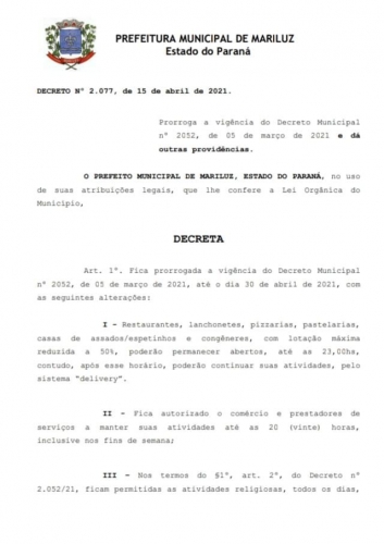 Decreto Municipal e nota de esclarecimento do Prefeito Paulinho Alves, referente ao Decreto: