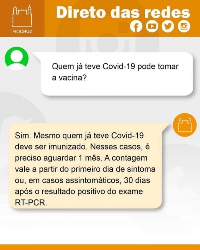 Nas redes sociais a FIOCRUZ, fala sobre a vacinação contra a Covid-19 