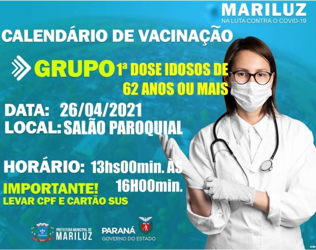 Calendário de Vacinação contra a Covid-19 primeira dose idosos 62 anos ou mais