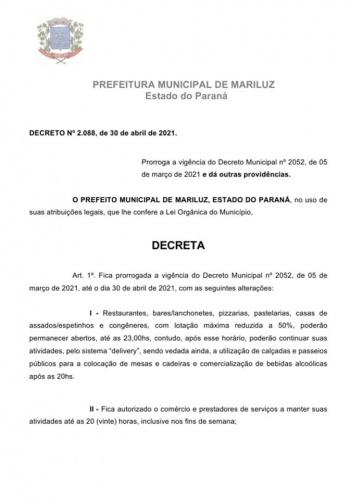 Prefeito Paulinho Alves, prorroga Decreto Municipal de 05 de março de 2021