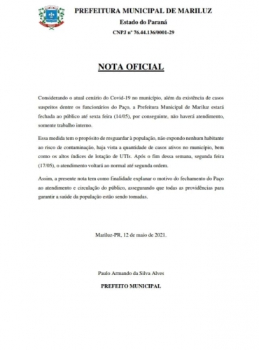 Nota Oficial da Prefeitura Municipal de Mariluz