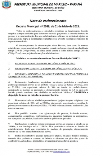 Nota de esclarecimento da Prefeitura de Mariluz, referente ao Decreto Municipal que entrará em vigor amanhã, 01 de maio 