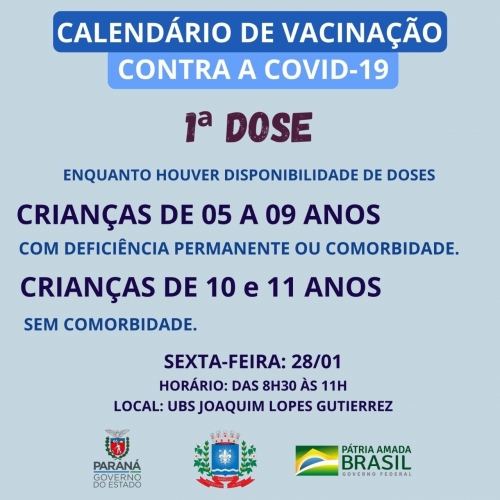 Vacinação contra a Covid-19 para crianças de 05 a 09 anos de idade com comorbidades e 10 a 11 sem comorbidades