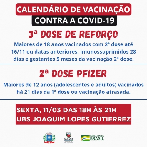 Calendário de Vacinação contra a Covid-19 dose de reforço e repescagem 2ª dose Pfizer