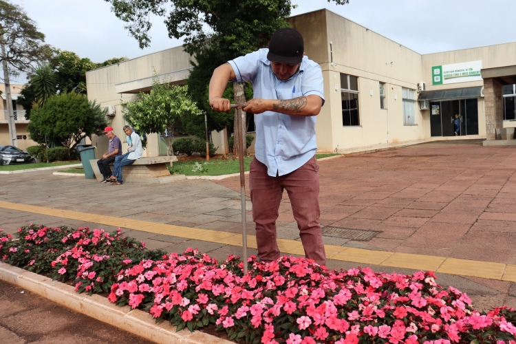 Coletagem de solo para análise química foi realizada nos canteiros em frente ao Paço e nos vasos de flores da Avenida Marília