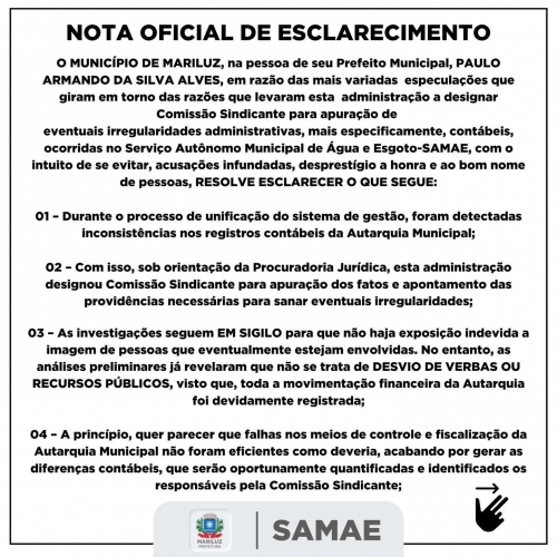 Nota Oficial de esclarecimento sobre SAMAE