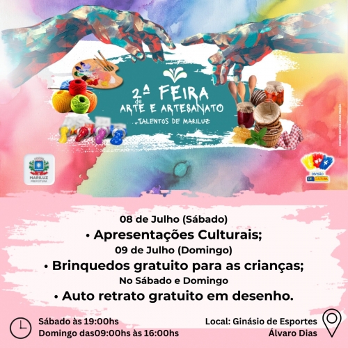 Confira a programação e a relação de expositores da 2ª Feira de Arte e Artesanato de Mariluz 2023