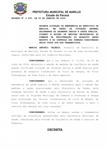 PREFEITURA DE MARILUZ LANÇOU O DECRETO EMERGENCIAL Nº 2.505, DE 05 DE JANEIRO DE 2024