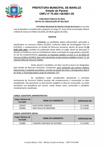 Prefeitura Municipal de Mariluz lançou o Edital de Convocação Concurso Público 001/2023