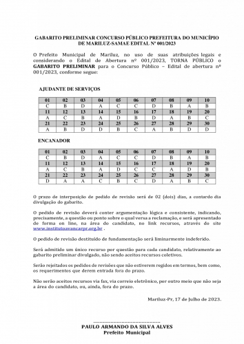 Gabarito preliminar concurso público Samae de Mariluz