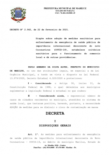 Atenção! Decreto Municipal Mariluz 23.02.2021