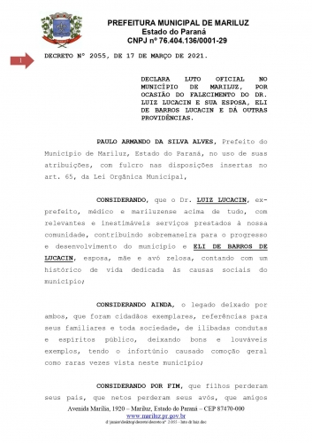  Prefeitura decretou luto oficial em Mariluz, por ocasião do falecimento do Dr. Luiz Lucacin e sua esposa Ely