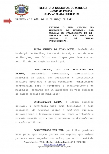 Decreto Luto Oficial em Nosso Município, Por Ocasião do Falecimento do Ex-Vereador Joel Magalhães Dos Santos