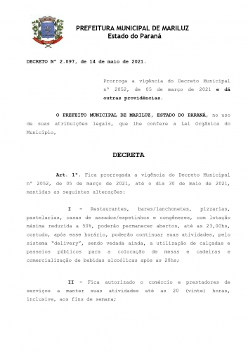 Prefeitura Municipal de Mariluz, prorroga a vigência do Decreto Municipal nº 2052, de 05 de março de 2021