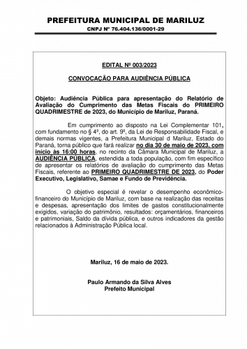 Prefeitura de Mariluz convida a população para 02 Audiências Públicas que ocorrerão na terça-feira dia 30