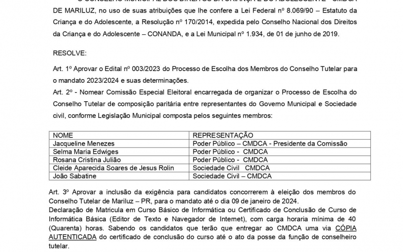 Eleição Extraordinária Conselho Tutelar de Mariluz - Resolução Nº. 003/2023