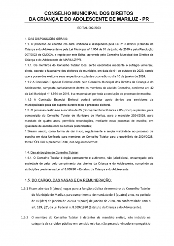 Conselho Municipal dos Direitos da Criança e do Adolescente de Mariluz - Edital 002/2023