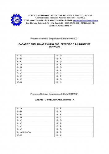 Processo Seletivo Simplificado (PSS) 2021 DO SAMAE de Mariluz Gabarito