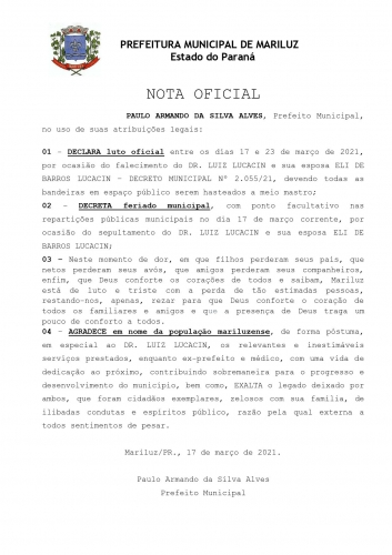 Nota Oficial do Prefeito Paulinho Alves, sobre o Luto Oficial em vigor em nosso Município hoje, 17.03.2021