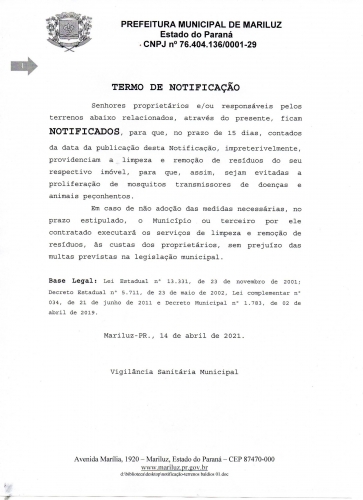  Notificação referente a não limpeza de terrenos em nosso Município dentro do prazo estipulado pela Vigilância Sanitária