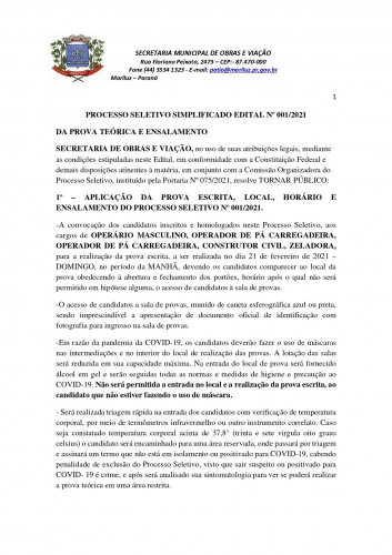 Processo Seletivo Simplificado (PSS) 2021 da Secretaria Municipal de Obras e Viação-Prova Teórica e Ensalamento