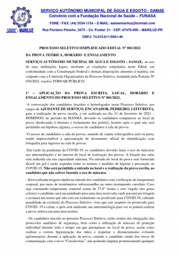 Processo Seletivo Simplificado (PSS) 2021 do Samae-Mariluz Prova Teórica, Horário e Ensalamento