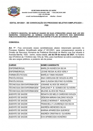 PSS 2021 da Secretaria Municipal de Saúde convocação dos classificados