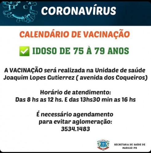 Calendário de Vacinação de Mariluz, imunização de idosos de 75 à 79 anos 