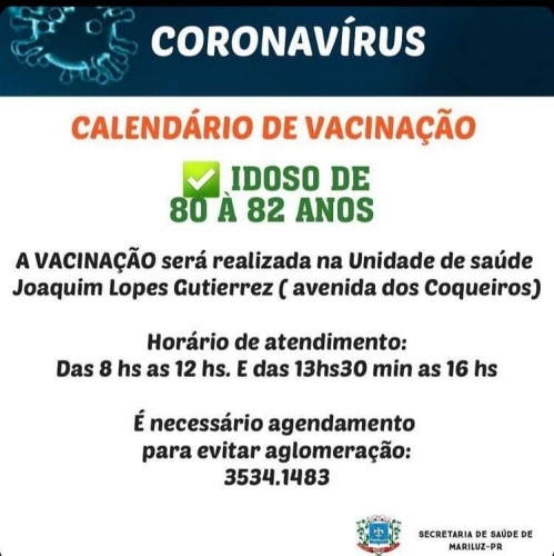 Município de Mariluz está realizando Vacinação contra a COVID-19, em idosos de 80 à 82 anos