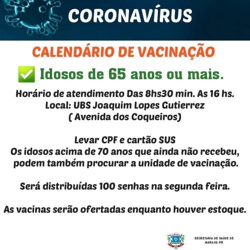 Calendário de Vacinação Idosos de 65 anos acima