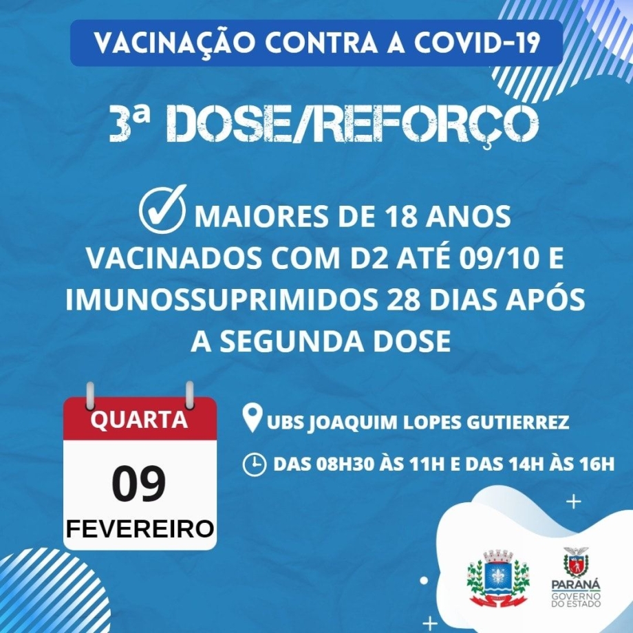Calendário de vacinação contra a Covid-19 dose de reforço