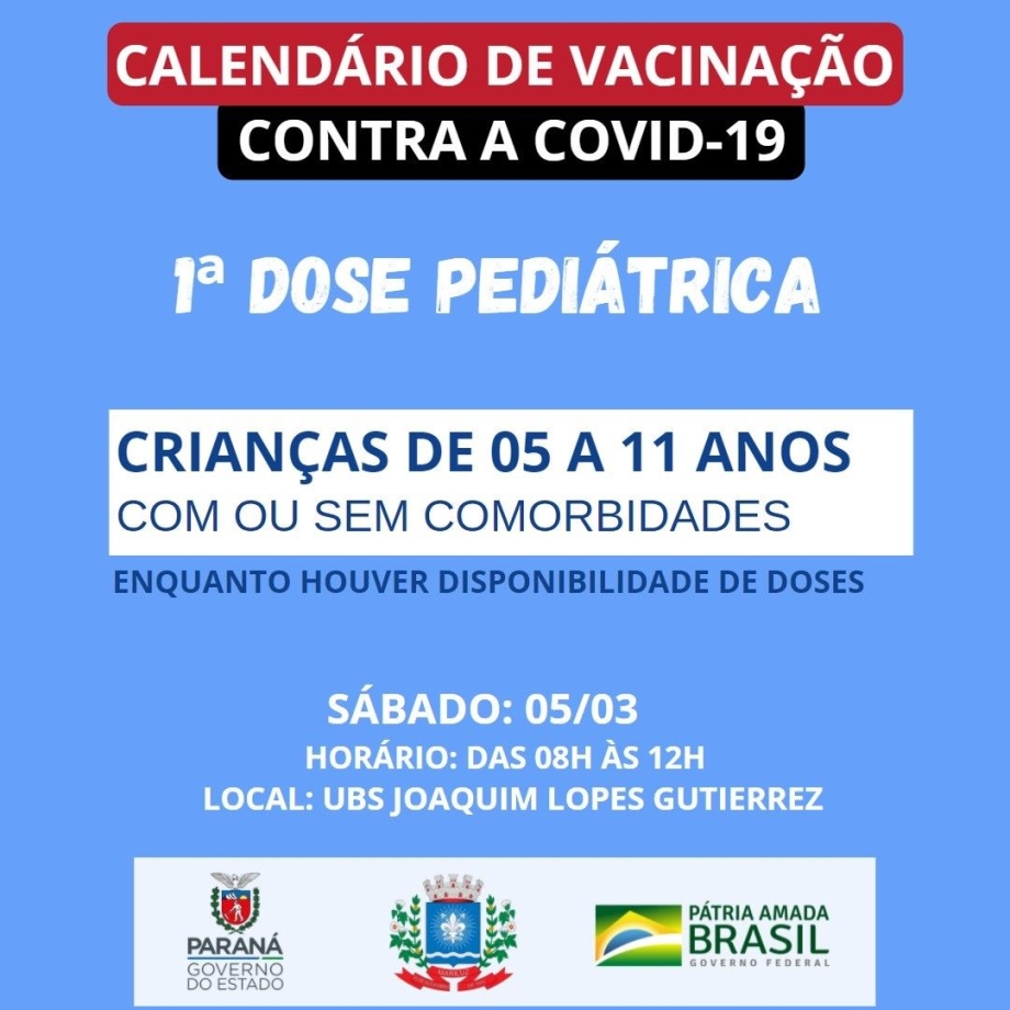 Calendário de Vacinação contra a Covid-19  Crianças de 05 a 11 anos com e sem comorbidades