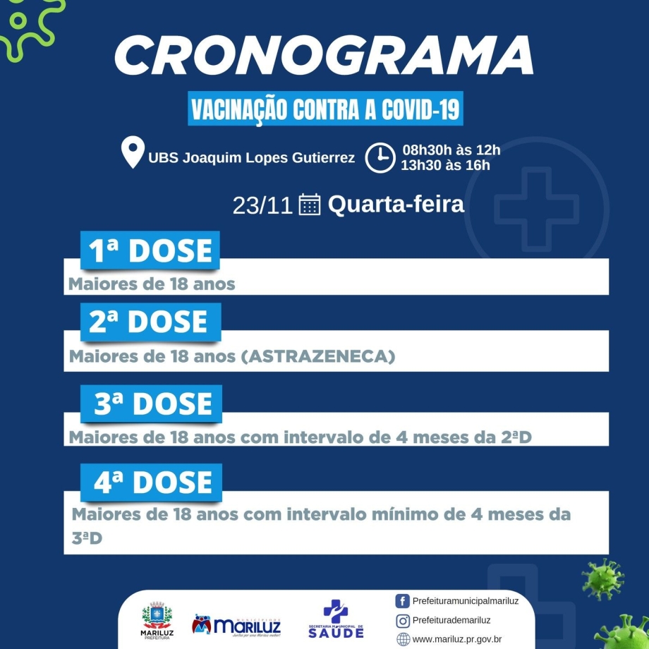 Vacinação contra a Covid-19  1ª, 2ª, 3ª e 4ª dose para maiores de 18 anos 