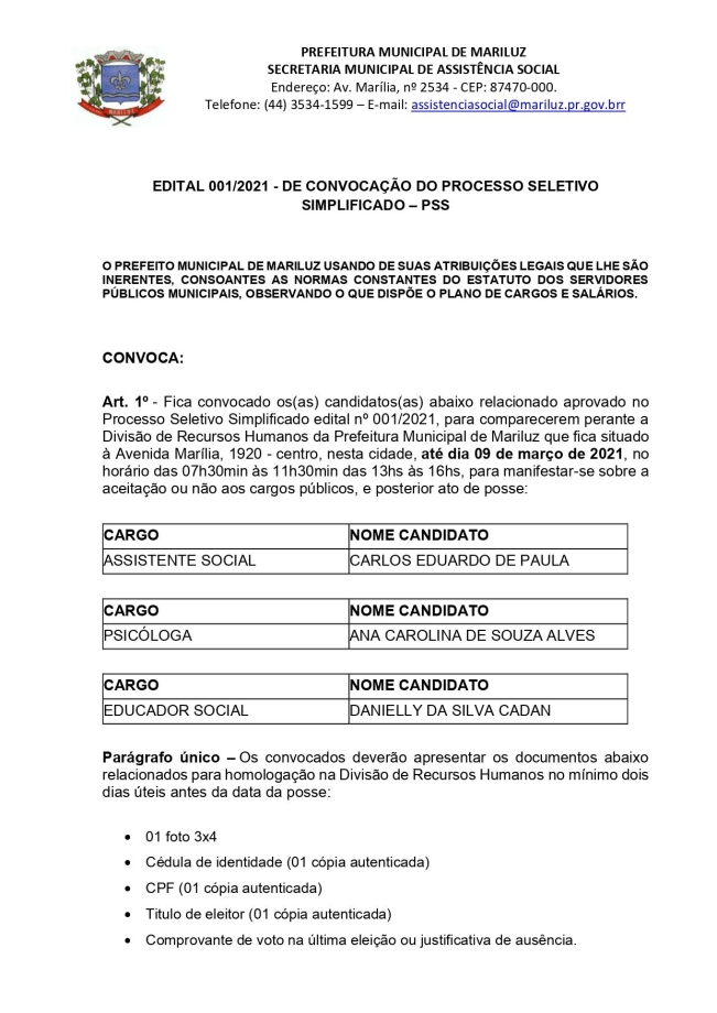 PSS 2021 da Secretaria Municipal de Assistência Social convocação dos classificados