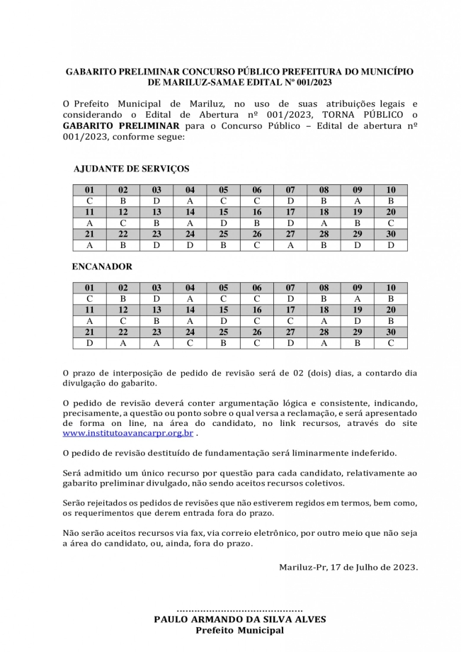 Gabarito preliminar concurso público Samae de Mariluz