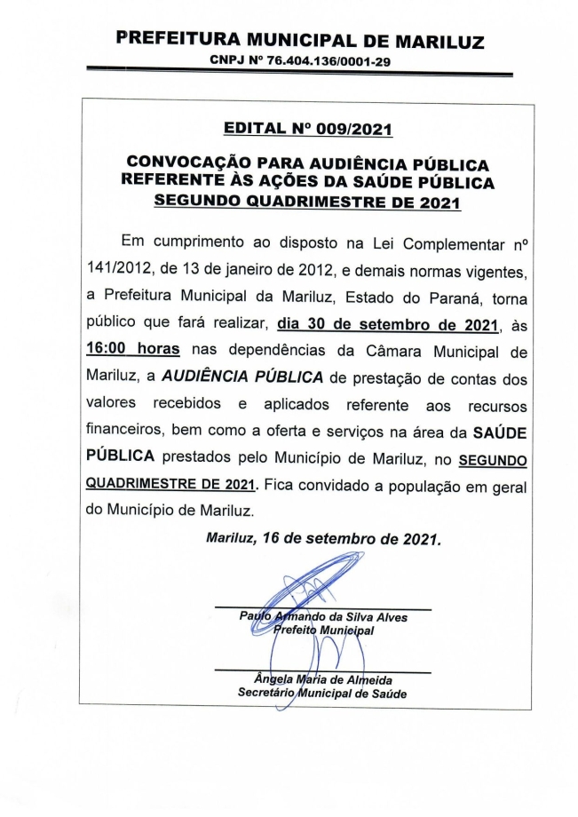 Convocação para Audiências Públicas da Prefeitura Municipal de Mariluz dia 30 de setembro