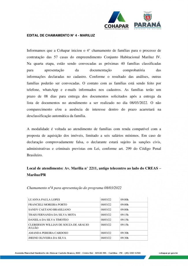 Comunicado importante da Cohapar 