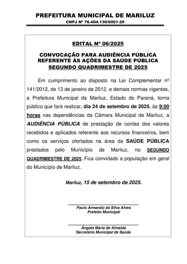 Editais de convocação para audiência pública