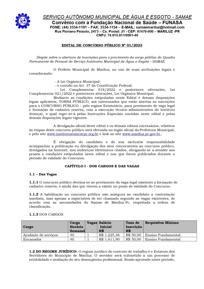 Edital Concurso Público do SAMAE de Mariluz