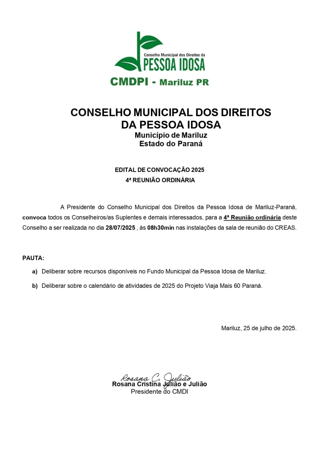Edital de convocação do Conselho Municipal dos Direitos da Pessoa Idosa 4ª Reunião Ordinária