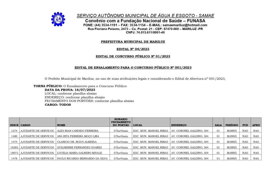 Edital de Ensalamento para o Concurso Público do SAMAE 