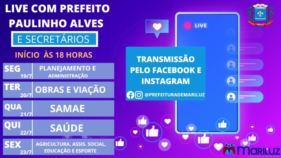 Prefeitura de Mariluz lançou a programação de Lives que serão realizadas do dia 19.07  até o dia 23.07