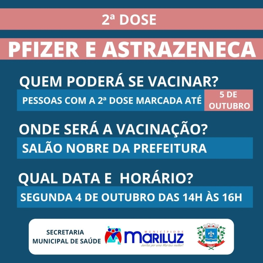 Calendário de Vacinação contra a COVID-19 segunda dose Pfizer e AstraZeneca