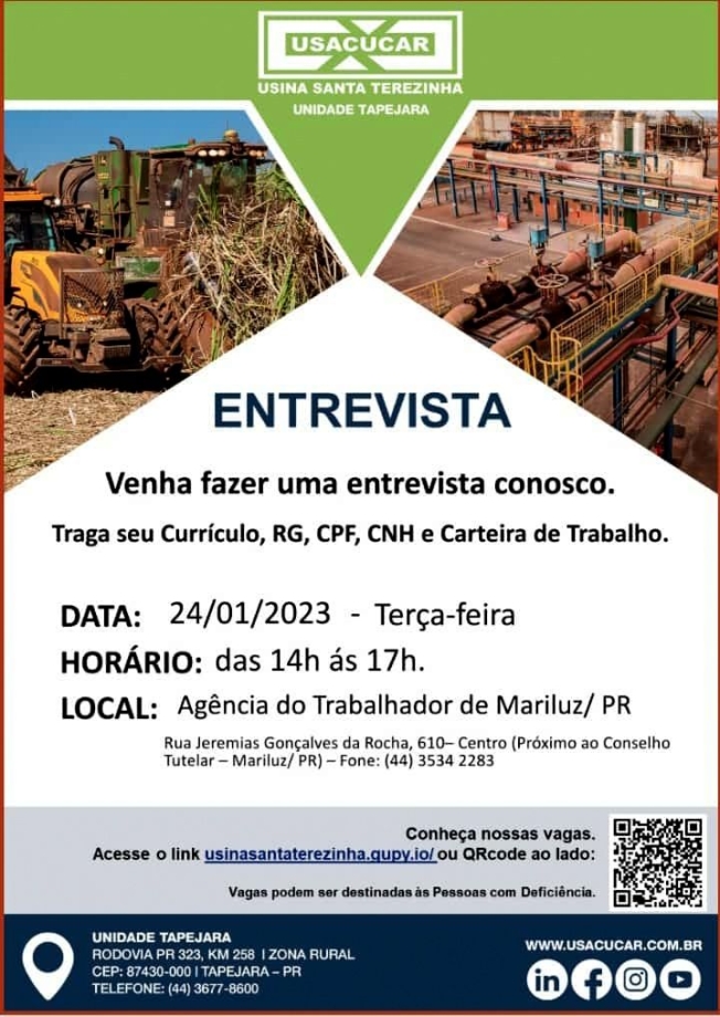 Oportunidade de emprego! Interessados procurar a Agência do Trabalhador de Mariluz 