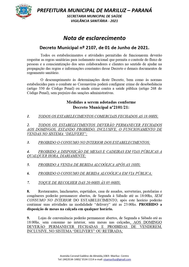Nota de esclarecimento referente ao decreto municipal nº 2107, de 01 de junho de 2021