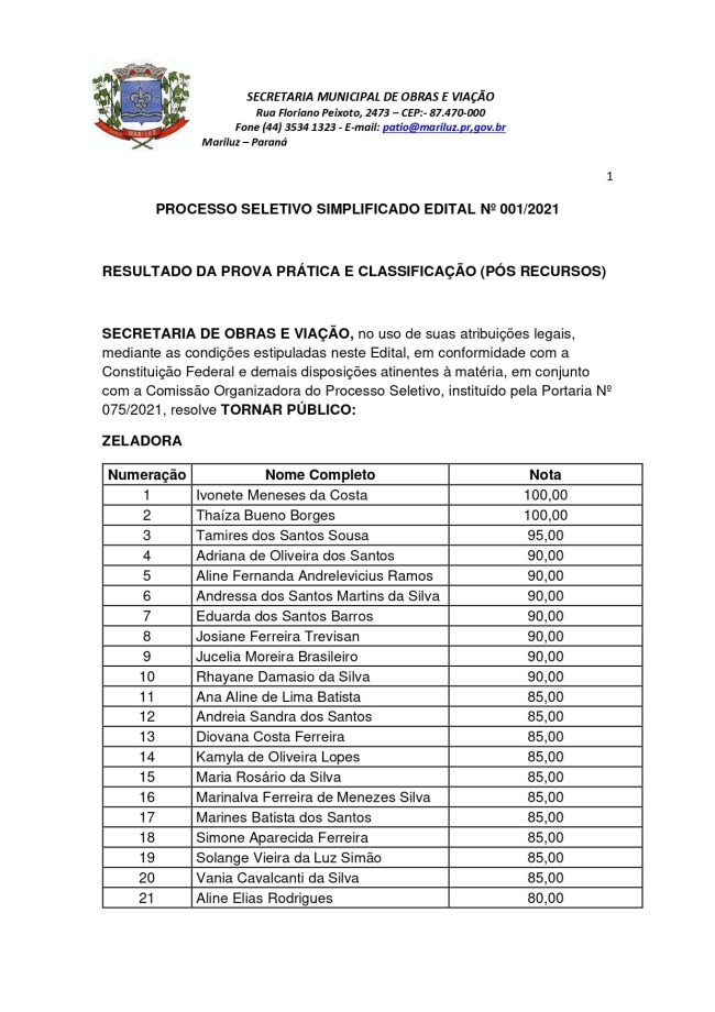 PSS 2021 da Secretaria de Obras e Viação/Resultado da Prova Prática e Classificação (Pós Recurso)